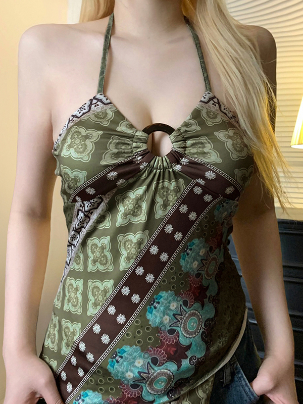 Vintage Elements Irregular Pattern Neckline Backless Women's Tank Top with Round Ring Buckle - Y2K Inspired Fashion Vintage Elements Irregular Pattern Neckline Backless Women's Tank Top with Round Ring Buckle - Y2K Inspired Fashion