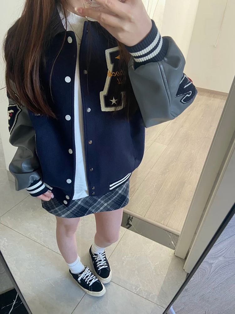Vintage Embroidered Baseball Jacket for Women - American High Street Style, College Trend, Spring Autumn Collection, Leather Feel Vintage Embroidered Baseball Jacket for Women - American High Street Style, College Trend, Spring Autumn Collection, Leather Feel