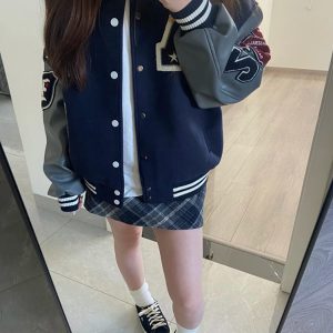 Vintage Embroidered Baseball Jacket for Women - American High Street Style, College Trend, Spring Autumn Collection, Leather Feel