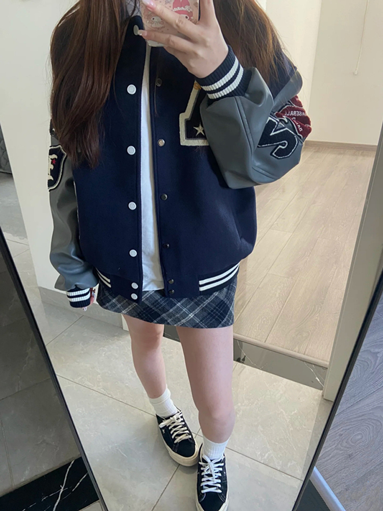 Vintage Embroidered Baseball Jacket for Women - American High Street Style, College Trend, Spring Autumn Collection, Leather Feel Vintage Embroidered Baseball Jacket for Women - American High Street Style, College Trend, Spring Autumn Collection, Leather Feel