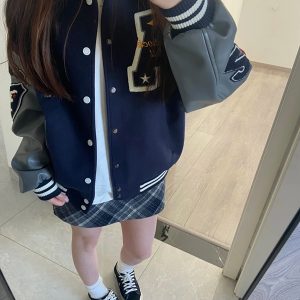 Vintage Embroidered Baseball Jacket for Women - American High Street Style, College Trend, Spring Autumn Collection, Leather Feel