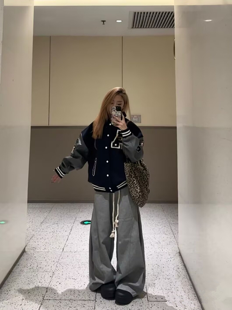 Vintage Embroidered Baseball Jacket for Women - American High Street Style, College Trend, Spring Autumn Collection, Leather Feel Vintage Embroidered Baseball Jacket for Women - American High Street Style, College Trend, Spring Autumn Collection, Leather Feel