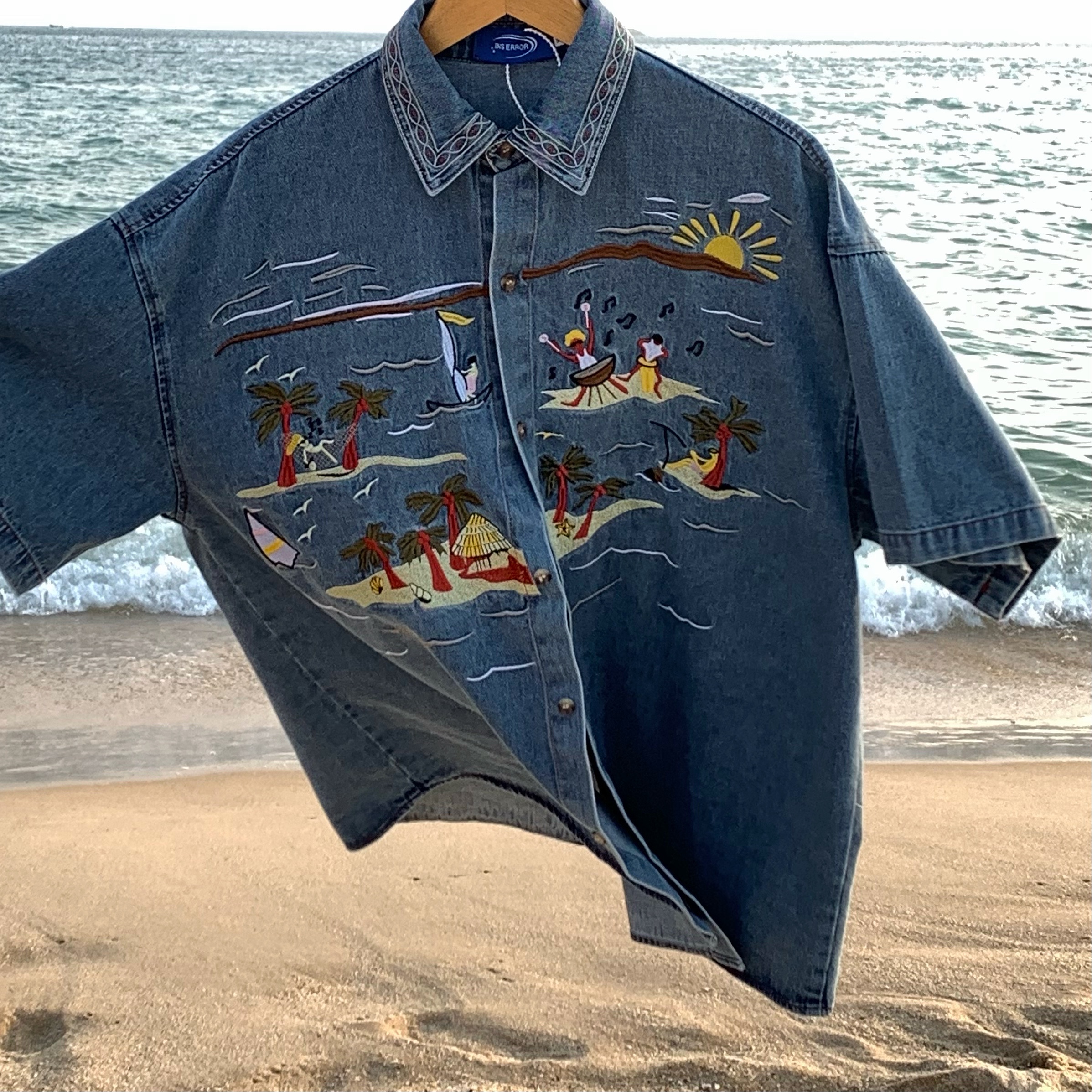 Vintage Embroidered Coconut Tree Denim Shirt - Unisex Short Sleeve Hawaiian Beach Style Top, Handmade & Reworked, Perfect for Summer Vintage Embroidered Coconut Tree Denim Shirt - Unisex Short Sleeve Hawaiian Beach Style Top, Handmade & Reworked, Perfect for Summer