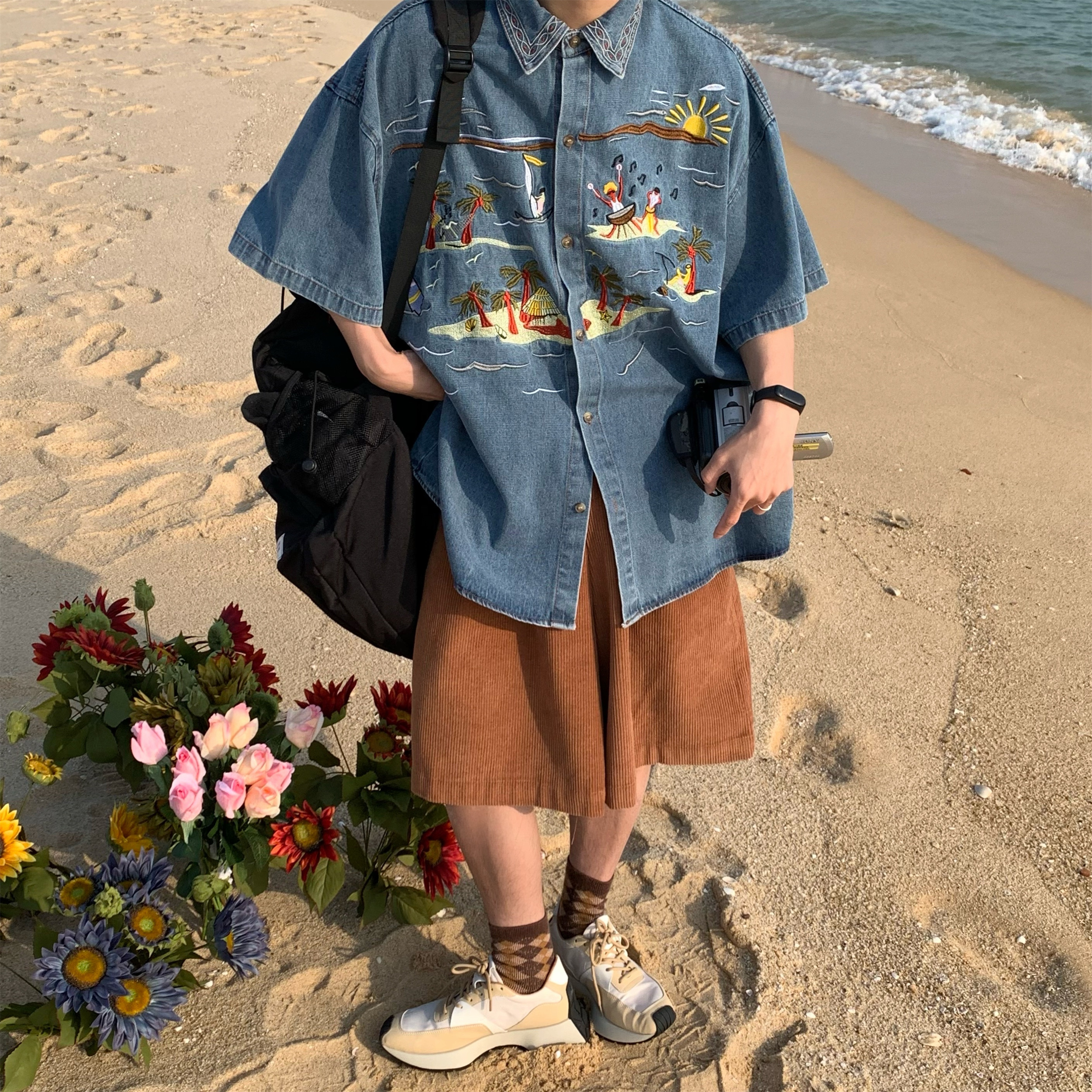 Vintage Embroidered Coconut Tree Denim Shirt - Unisex Short Sleeve Hawaiian Beach Style Top, Handmade & Reworked, Perfect for Summer Vintage Embroidered Coconut Tree Denim Shirt - Unisex Short Sleeve Hawaiian Beach Style Top, Handmade & Reworked, Perfect for Summer