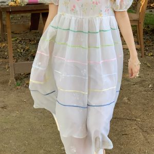 Vintage 'Finding Dream Island' French Puff Sleeve Dress - Women's Summer Organza Long Skirt, 90s Style, Boho Chic Fashion