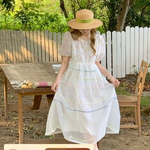 Vintage 'Finding Dream Island' French Puff Sleeve Dress - Women's Summer Organza Long Skirt, 90s Style, Boho Chic Fashion