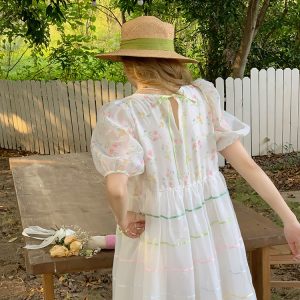 Vintage 'Finding Dream Island' French Puff Sleeve Dress - Women's Summer Organza Long Skirt, 90s Style, Boho Chic Fashion