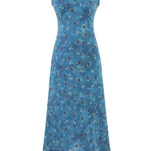 Vintage Floral Blue Dress for Women - Waist-Defined Summer Vacation Style - 2025 French Inspired Long Dress