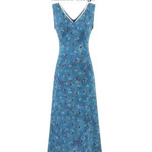 Vintage Floral Blue Dress for Women - Waist-Defined Summer Vacation Style - 2025 French Inspired Long Dress