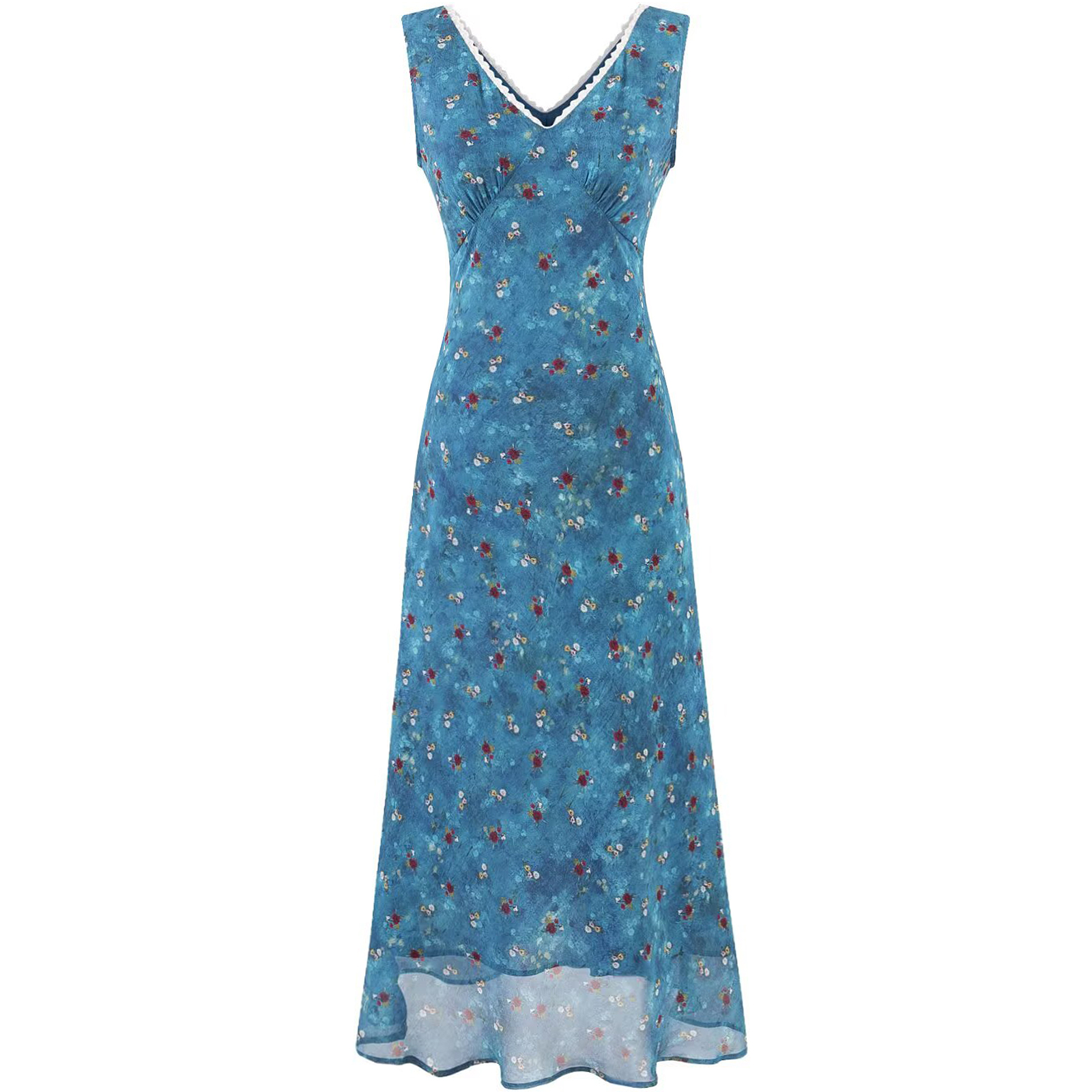 Vintage Floral Blue Dress for Women - Waist-Defined Summer Vacation Style - 2025 French Inspired Long Dress