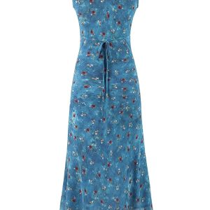 Vintage Floral Blue Dress for Women - Waist-Defined Summer Vacation Style - 2025 French Inspired Long Dress