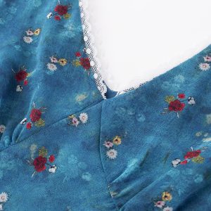 Vintage Floral Blue Dress for Women - Waist-Defined Summer Vacation Style - 2025 French Inspired Long Dress