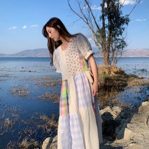 Vintage Floral Linen Short Sleeve Dress for Women - Retro Summer Vacation Tank Dress, Boho Chic Style