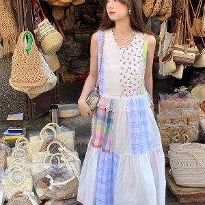 Vintage Floral Linen Short Sleeve Dress for Women - Retro Summer Vacation Tank Dress, Boho Chic Style