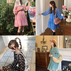 Vintage Floral Long Sleeve Dress for Women - Versailles Rose Chiffon Skirt, Spring Summer Vacation Style, Y2K Inspired Fashion