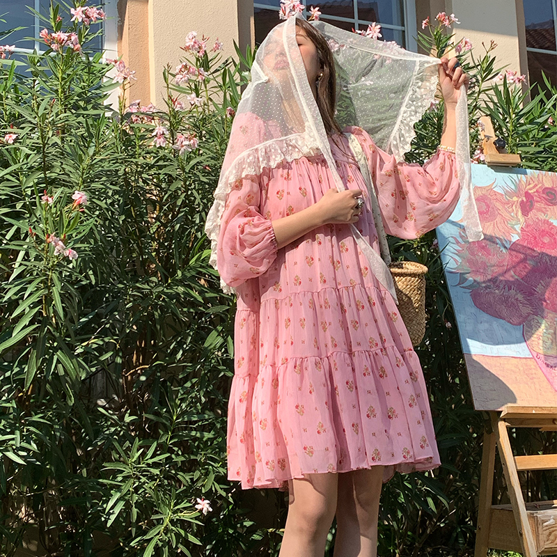 Vintage Floral Long Sleeve Dress for Women - Versailles Rose Chiffon Skirt, Spring Summer Vacation Style, Y2K Inspired Fashion