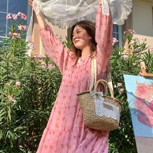 Vintage Floral Long Sleeve Dress for Women - Versailles Rose Chiffon Skirt, Spring Summer Vacation Style, Y2K Inspired Fashion