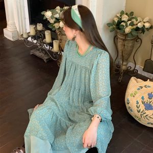 Vintage Floral Long Sleeve Dress for Women - Versailles Rose Chiffon Skirt, Spring Summer Vacation Style, Y2K Inspired Fashion