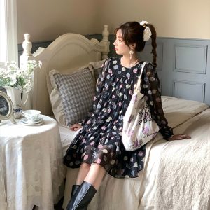 Vintage Floral Long Sleeve Dress for Women - Versailles Rose Chiffon Skirt, Spring Summer Vacation Style, Y2K Inspired Fashion