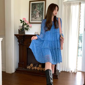 Vintage Floral Long Sleeve Dress for Women - Versailles Rose Chiffon Skirt, Spring Summer Vacation Style, Y2K Inspired Fashion