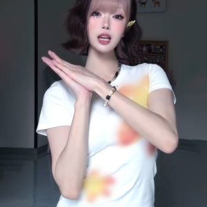 Vintage Floral Print Shoulder T-Shirt for Women, White Summer Short Sleeve Slim Fit Top, Sexy 90s Style