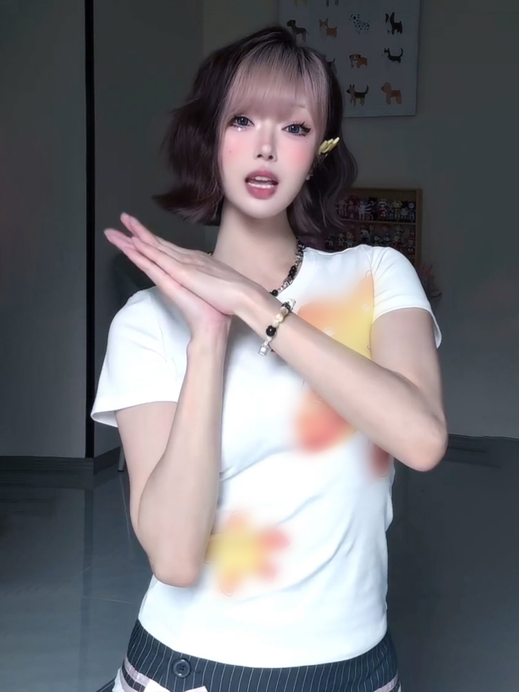 Vintage Floral Print Shoulder T-Shirt for Women, White Summer Short Sleeve Slim Fit Top, Sexy 90s Style Vintage Floral Print Shoulder T-Shirt for Women, White Summer Short Sleeve Slim Fit Top, Sexy 90s Style