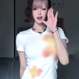 Vintage Floral Print Shoulder T-Shirt for Women, White Summer Short Sleeve Slim Fit Top, Sexy 90s Style