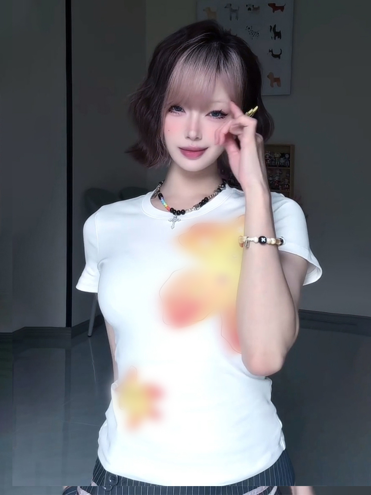 Vintage Floral Print Shoulder T-Shirt for Women, White Summer Short Sleeve Slim Fit Top, Sexy 90s Style Vintage Floral Print Shoulder T-Shirt for Women, White Summer Short Sleeve Slim Fit Top, Sexy 90s Style