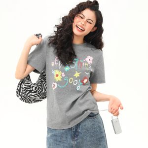 Vintage Floral Print Women's Shoulder T-Shirt, Slightly Loose Fit, Slimming Short Sleeves, Trendy Y2K Style Top for Women