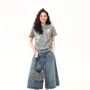 Vintage Floral Print Women's Shoulder T-Shirt, Slightly Loose Fit, Slimming Short Sleeves, Trendy Y2K Style Top for Women