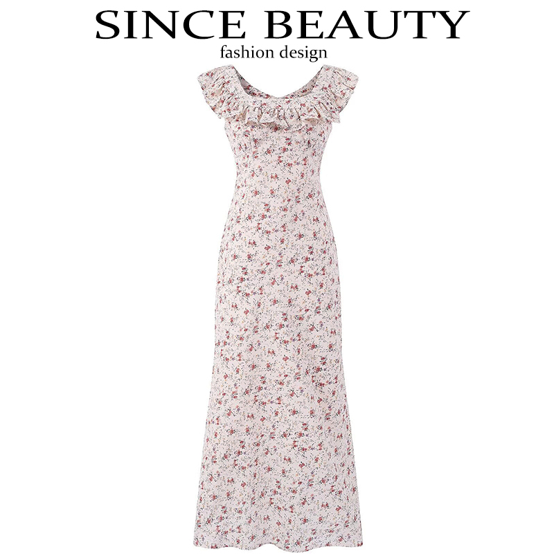 Vintage Floral Ruffle Tea Dress for Women - 2025 Summer Vacation Style, French Design, Perfect for 90s and Y2K Fashion Lovers