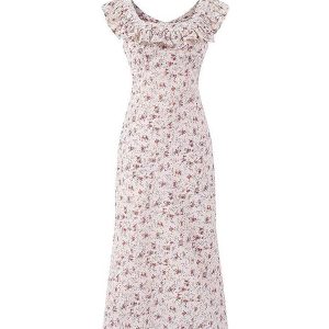 Vintage Floral Ruffle Tea Dress for Women - 2025 Summer Vacation Style, French Design, Perfect for 90s and Y2K Fashion Lovers