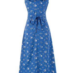 Vintage Floral Ruffle Tie V-Neck Long Dress - Slim Fit Summer Vacation Style 2025 Women's Fashion