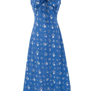 Vintage Floral Ruffle Tie V-Neck Long Dress - Slim Fit Summer Vacation Style 2025 Women's Fashion