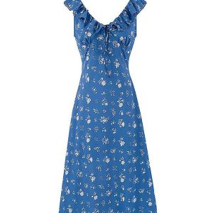 Vintage Floral Ruffle Tie V-Neck Long Dress - Slim Fit Summer Vacation Style 2025 Women's Fashion