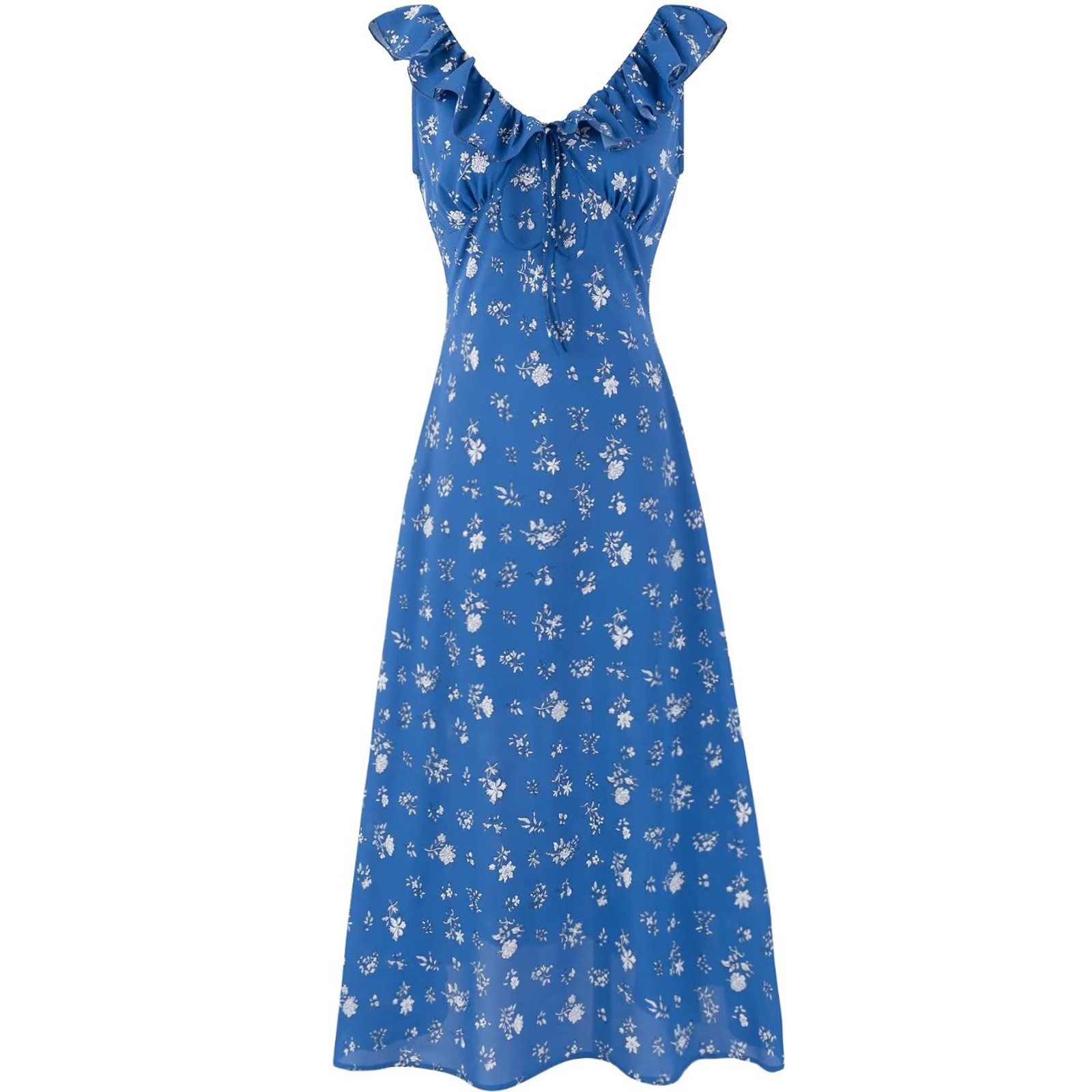 Vintage Floral Ruffle Tie V-Neck Long Dress - Slim Fit Summer Vacation Style 2025 Women's Fashion