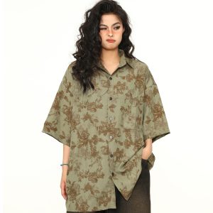 Vintage Floral Short Sleeve Shirt for Women - Retro American Style, Loose Fit, Trendy Summer Top, 90s Inspired Fashion
