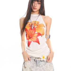 Vintage Floral Tie-Back Sleeveless Tank Top for Women - 90s Inspired Pure Desire Design