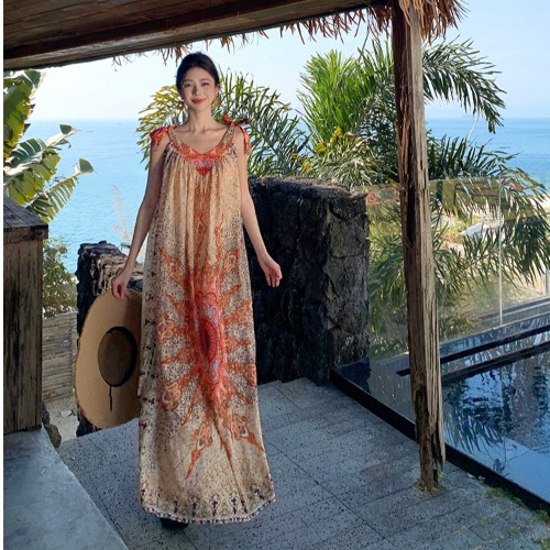 Vintage Floral Tie Dress - Loose Fit Women's Long Skirt for Thai Travel, Exotic Beach Vacation Style, Yunnan Inspired Fashion