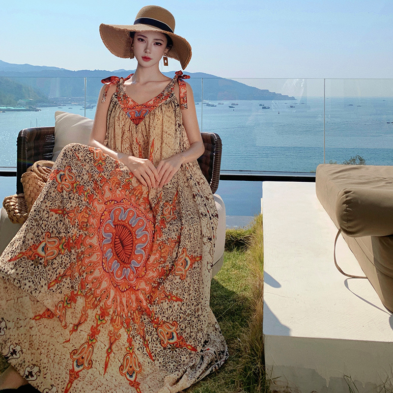 Vintage Floral Tie Dress - Loose Fit Women's Long Skirt for Thai Travel, Exotic Beach Vacation Style, Yunnan Inspired Fashion