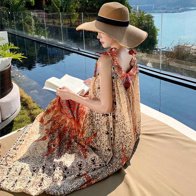 Vintage Floral Tie Dress - Loose Fit Women's Long Skirt for Thai Travel, Exotic Beach Vacation Style, Yunnan Inspired Fashion Vintage Floral Tie Dress - Loose Fit Women's Long Skirt for Thai Travel, Exotic Beach Vacation Style, Yunnan Inspired Fashion
