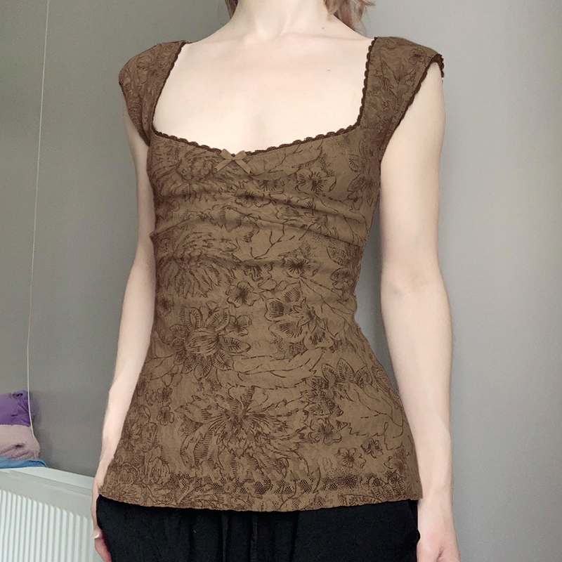 Vintage Floral Vest for Women - Retro Charm Backless Mesh Spaghetti Straps with Low Square Neck - Summer 90s Style