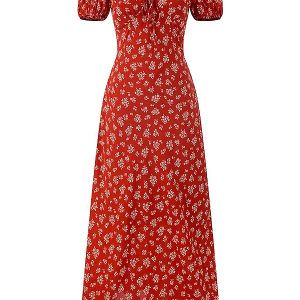 Vintage Floral Waist-Tied V-Neck Puff Sleeve Dress for Women - Long Skirt, 90s Inspired, French Style