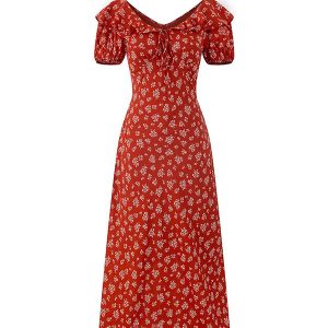Vintage Floral Waist-Tied V-Neck Puff Sleeve Dress for Women - Long Skirt, 90s Inspired, French Style