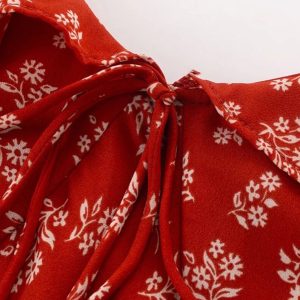 Vintage Floral Waist-Tied V-Neck Puff Sleeve Dress for Women - Long Skirt, 90s Inspired, French Style