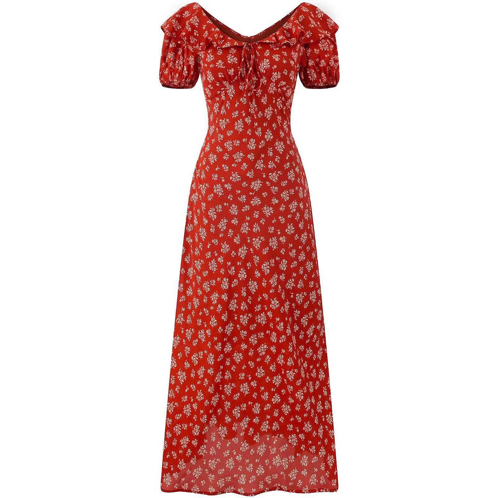 Vintage Floral Waist-Tied V-Neck Puff Sleeve Dress for Women - Long Skirt, 90s Inspired, French Style