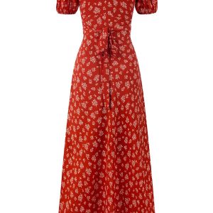 Vintage Floral Waist-Tied V-Neck Puff Sleeve Dress for Women - Long Skirt, 90s Inspired, French Style