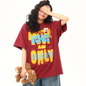 Vintage Foam Printed Red Short Sleeve T-Shirt for Women - Summer Loose Fit Trendy Top, Retro A-Zi Style