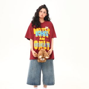 Vintage Foam Printed Red Short Sleeve T-Shirt for Women - Summer Loose Fit Trendy Top, Retro A-Zi Style