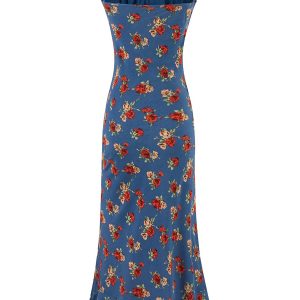 Vintage French Blue Printed Cami Dress for Women - 2025 Summer Resort Long Dress - Boho Style, Casual, Elegant Fashion